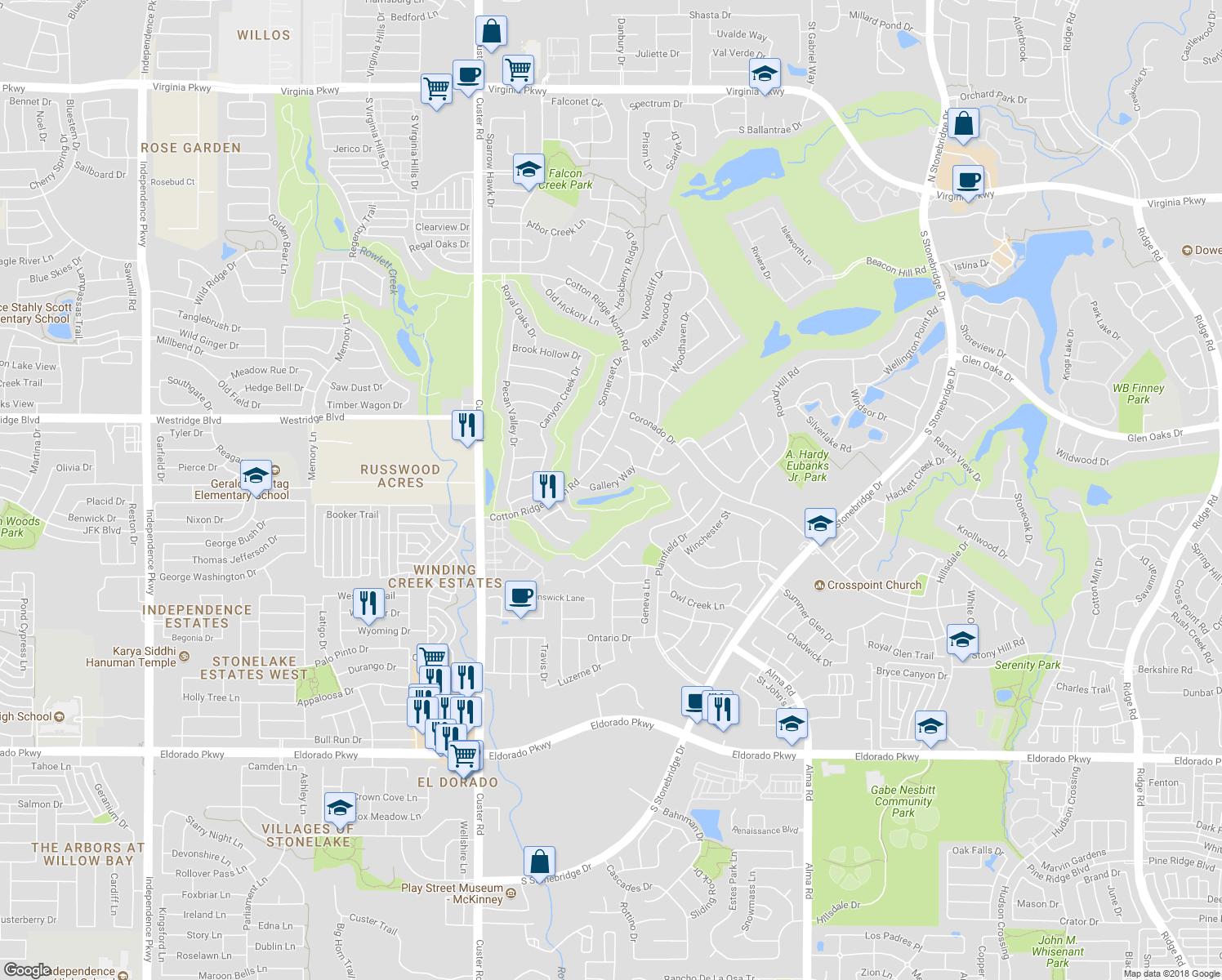 map of restaurants, bars, coffee shops, grocery stores, and more near 8417 Gallery Way in McKinney