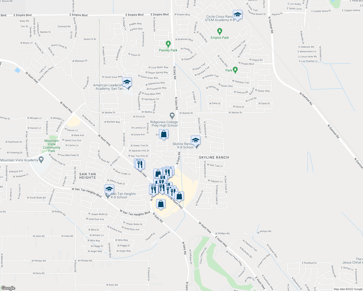 map of restaurants, bars, coffee shops, grocery stores, and more near 1307 W Green Tree Dr in Queen Creek