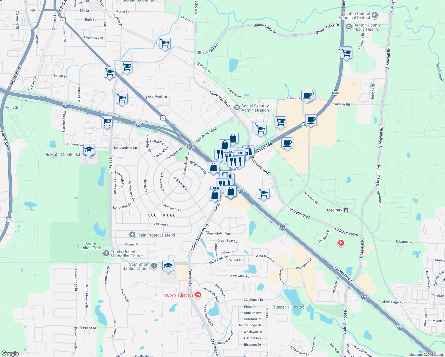 map of restaurants, bars, coffee shops, grocery stores, and more near 2411 Interstate 35 Frontage Road in Denton