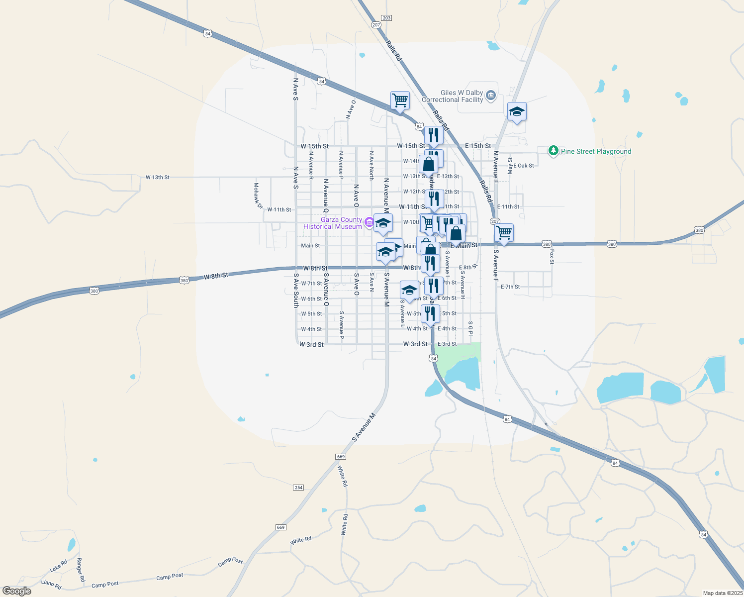 map of restaurants, bars, coffee shops, grocery stores, and more near 399 S Ave N in Post
