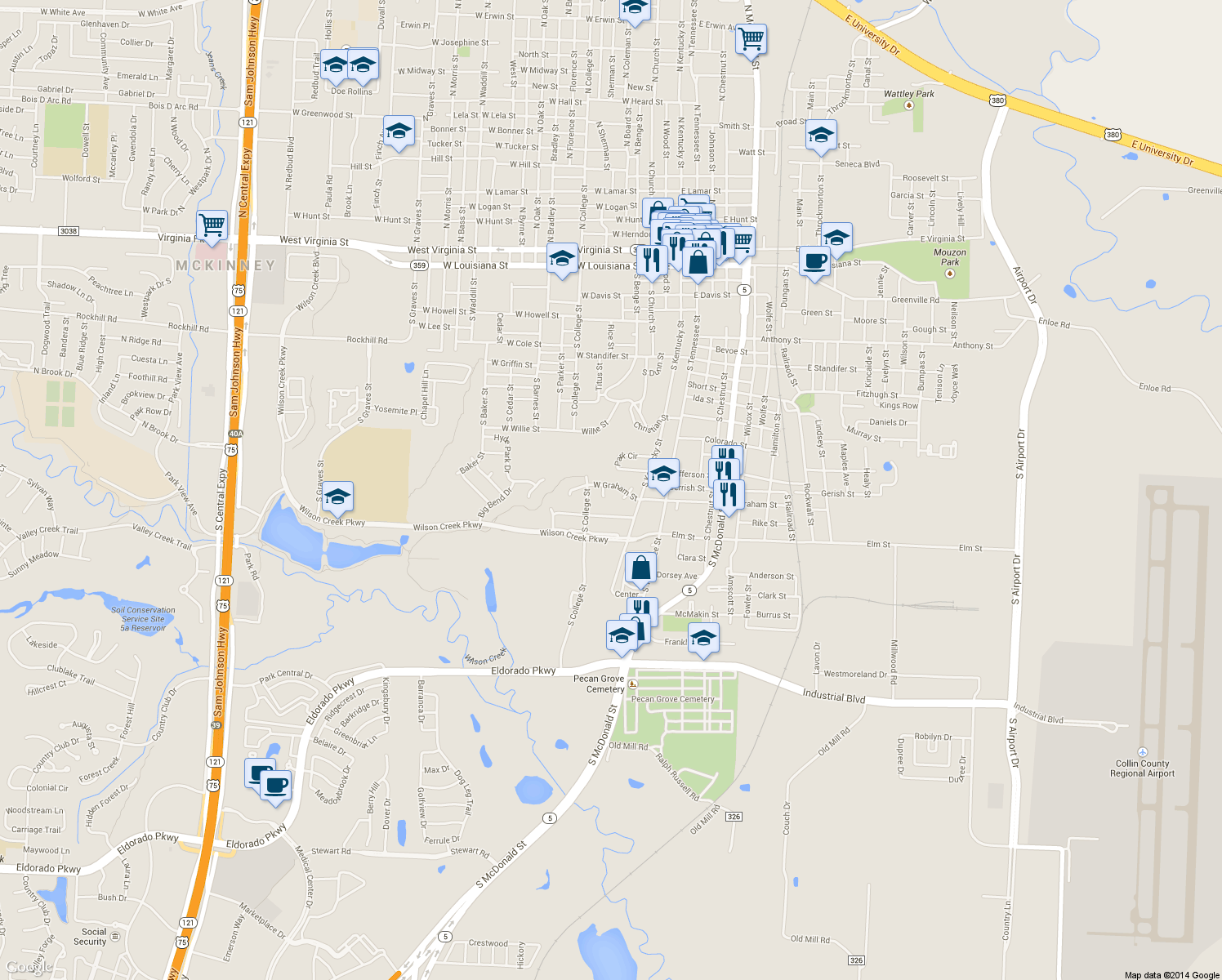 map of restaurants, bars, coffee shops, grocery stores, and more near 207 West Graham Street in McKinney
