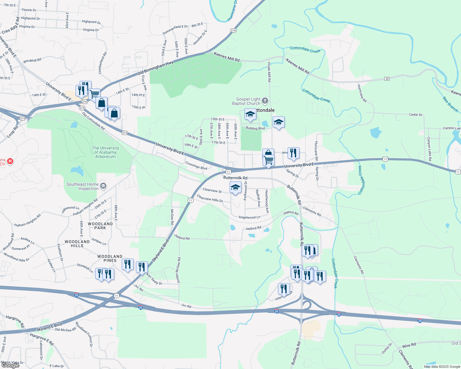 map of restaurants, bars, coffee shops, grocery stores, and more near 2224 Cottondale Lane in Tuscaloosa