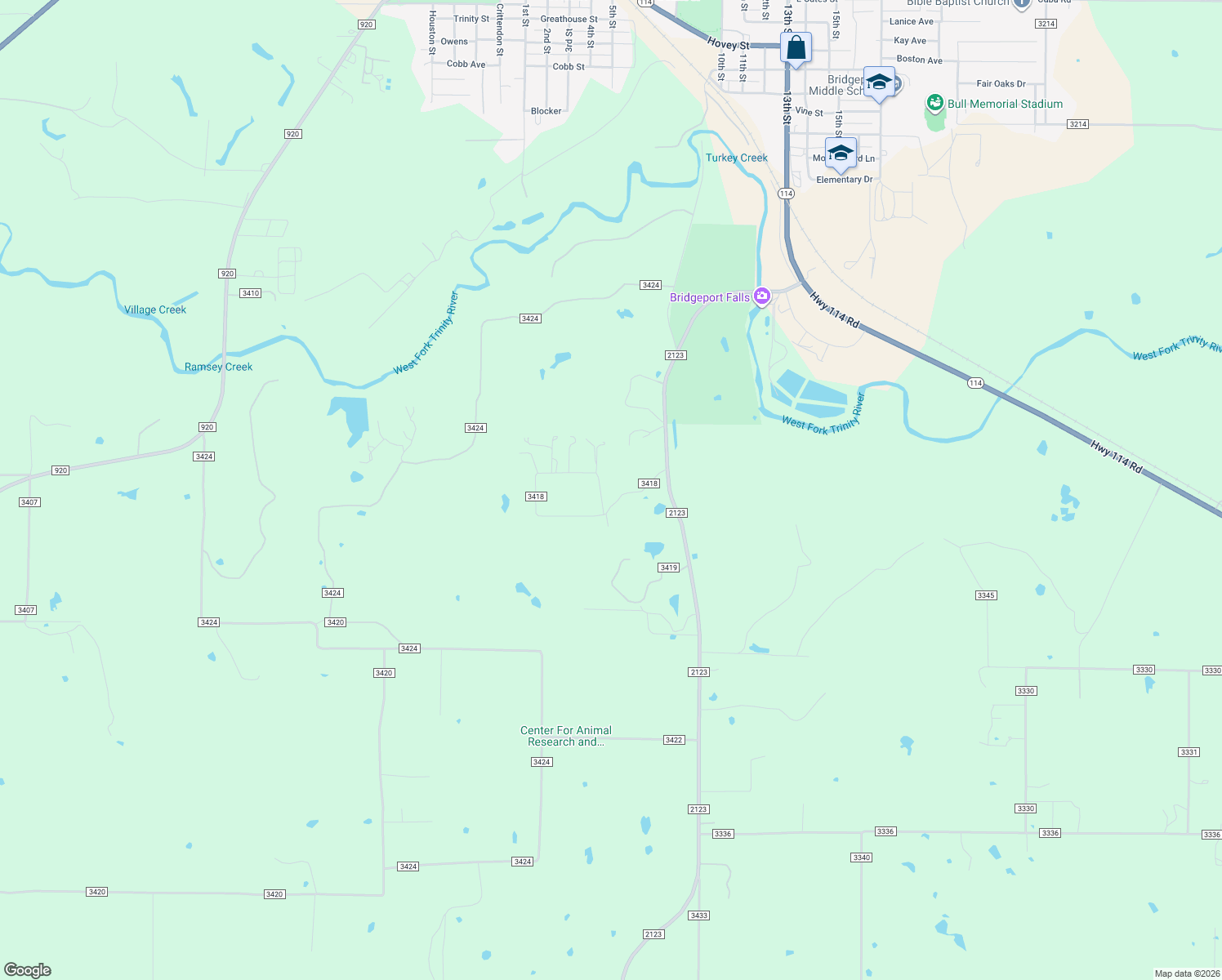 map of restaurants, bars, coffee shops, grocery stores, and more near 425 County Road 3418 in Bridgeport