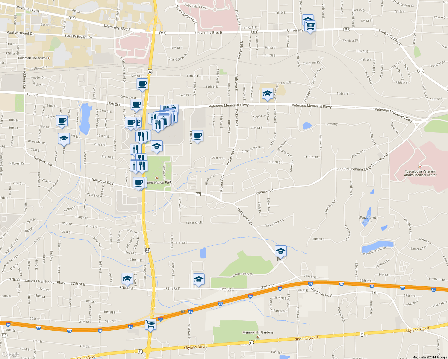 map of restaurants, bars, coffee shops, grocery stores, and more near 1701 Ridgemont Drive in Tuscaloosa