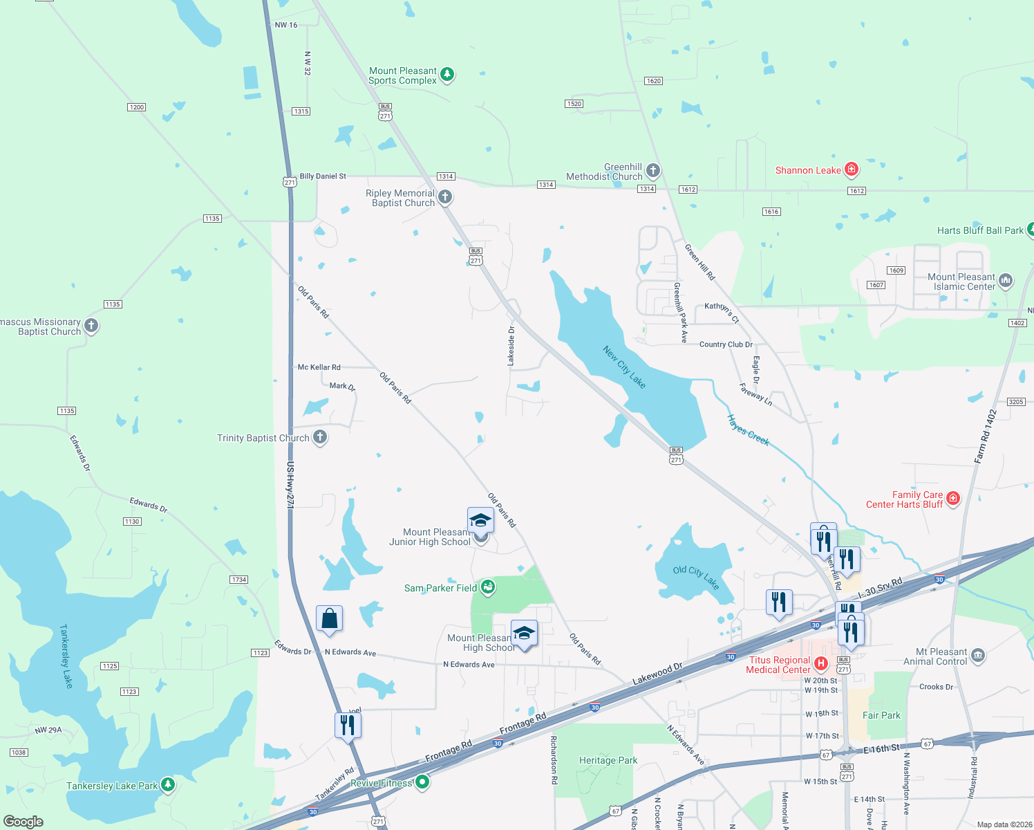 map of restaurants, bars, coffee shops, grocery stores, and more near 4503 Cedar Hill in Mount Pleasant