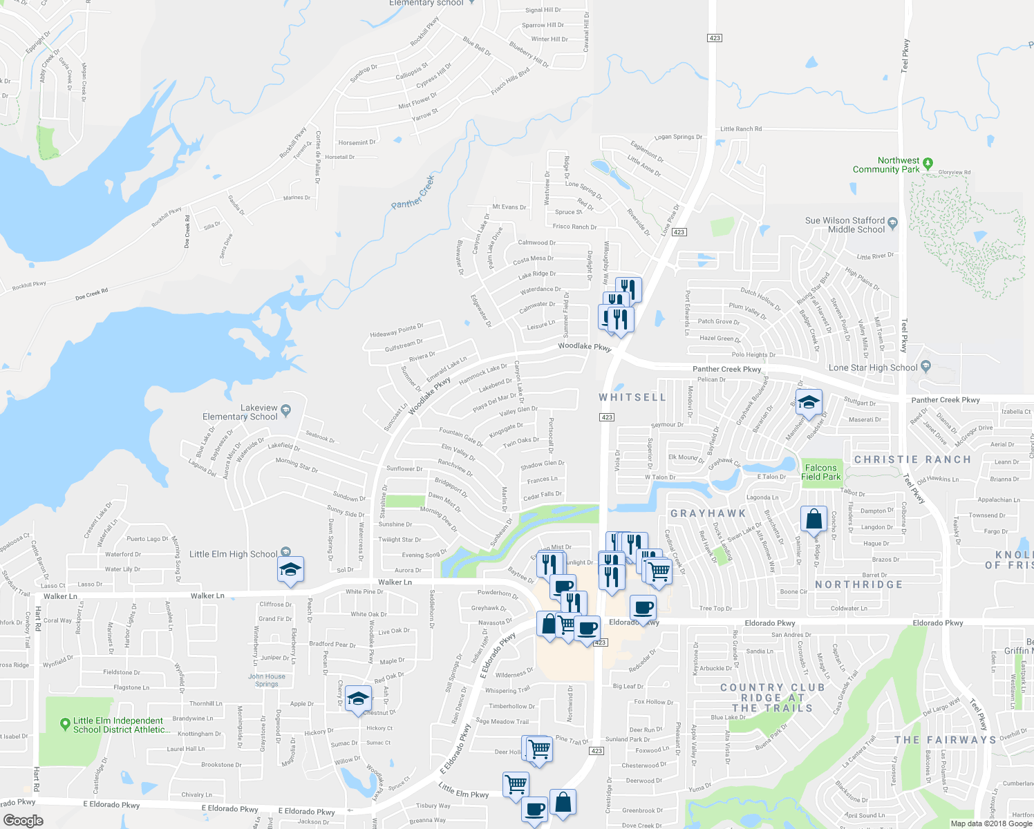 map of restaurants, bars, coffee shops, grocery stores, and more near 2452 Valley Glen Drive in Little Elm