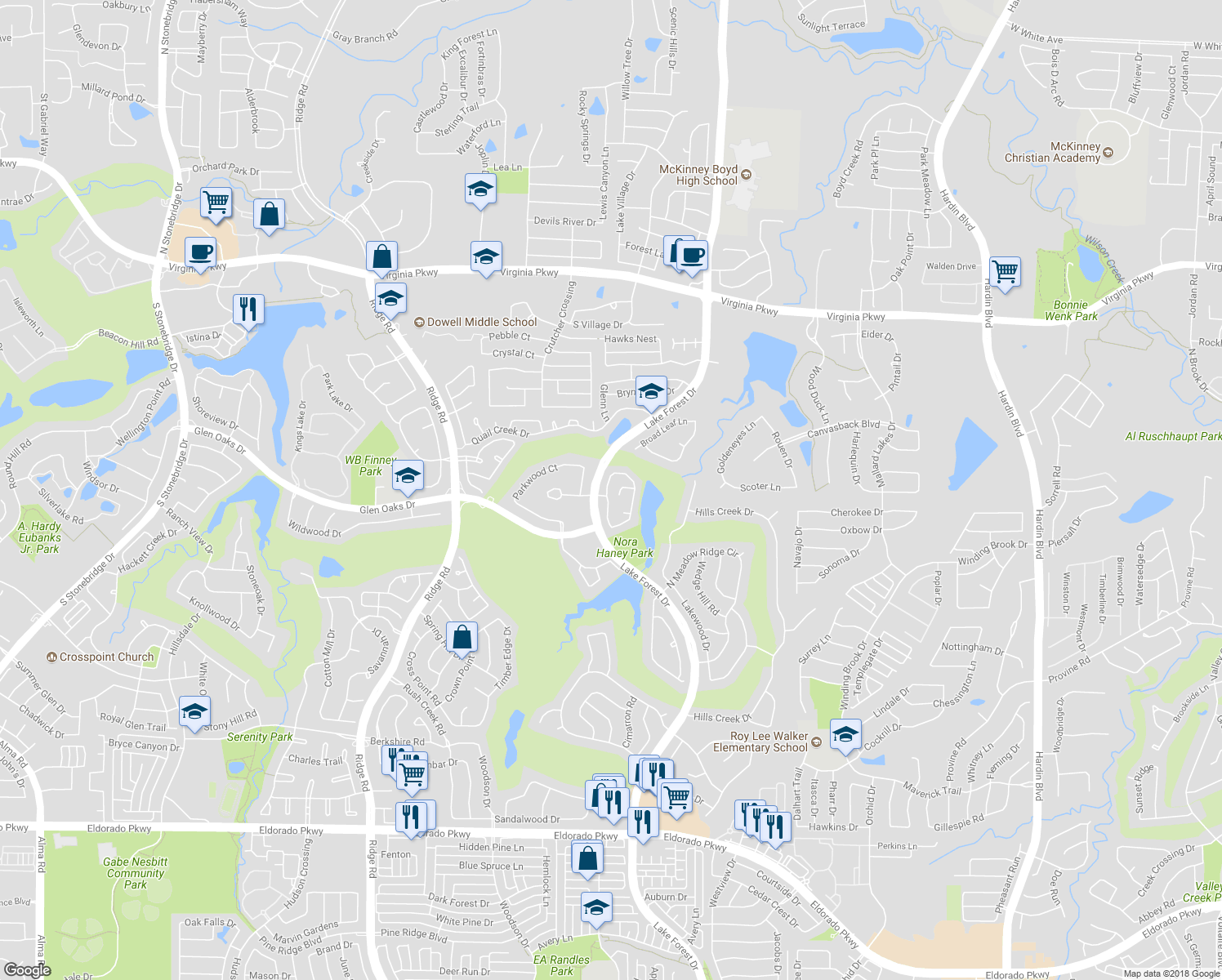 map of restaurants, bars, coffee shops, grocery stores, and more near 809 Lake Point Circle in McKinney