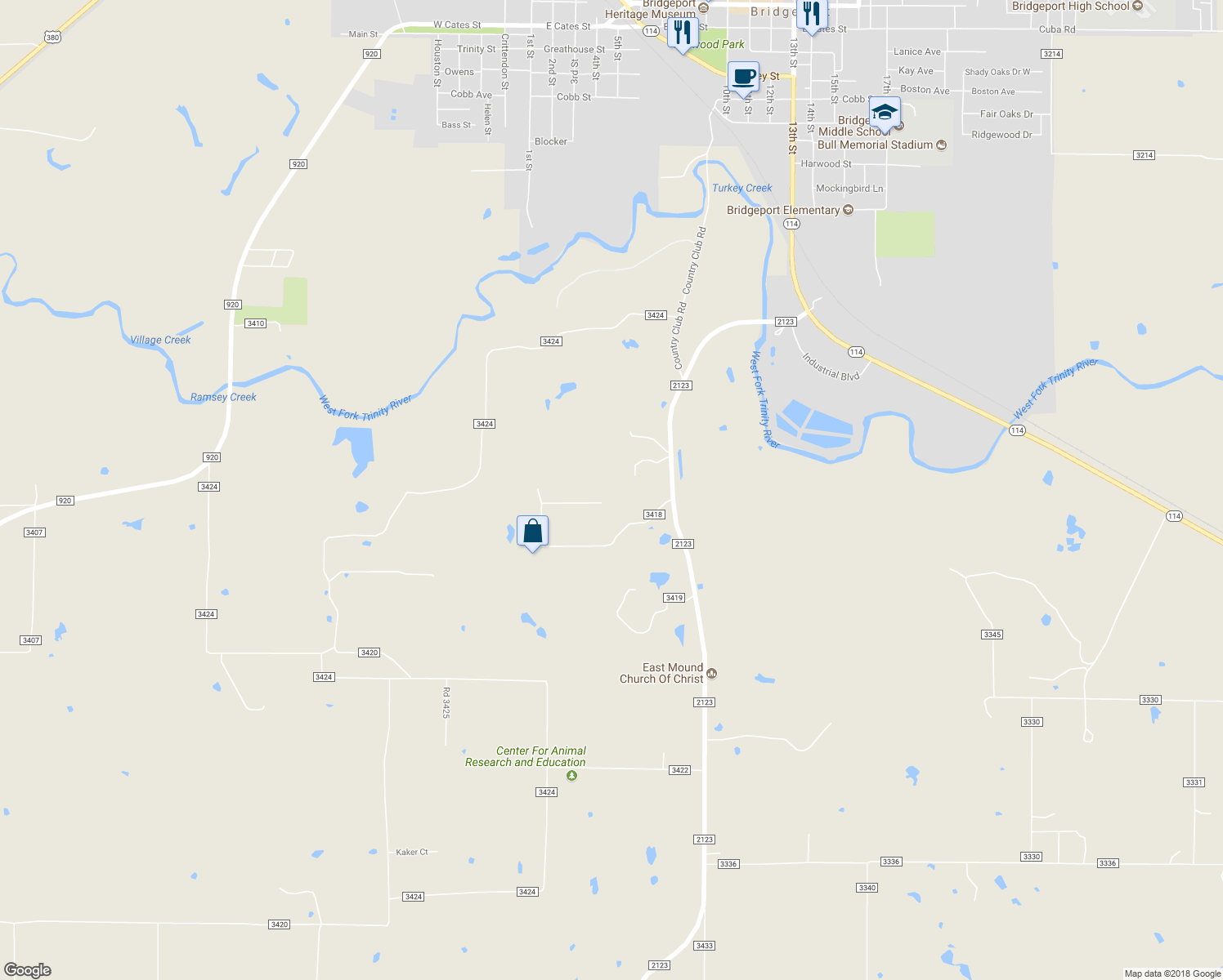 map of restaurants, bars, coffee shops, grocery stores, and more near 399 County Road 3418 in Bridgeport