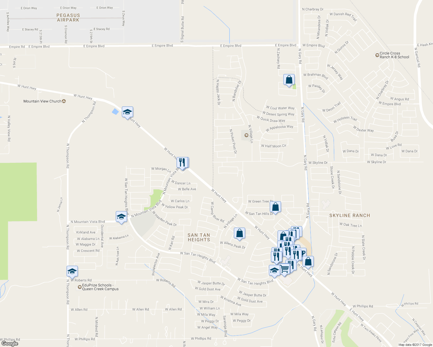 map of restaurants, bars, coffee shops, grocery stores, and more near 34176 North Happy Jack Drive in Queen Creek