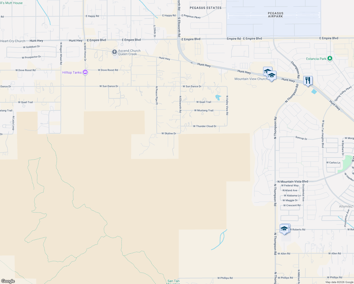 map of restaurants, bars, coffee shops, grocery stores, and more near 34157 Mirage Court in Queen Creek