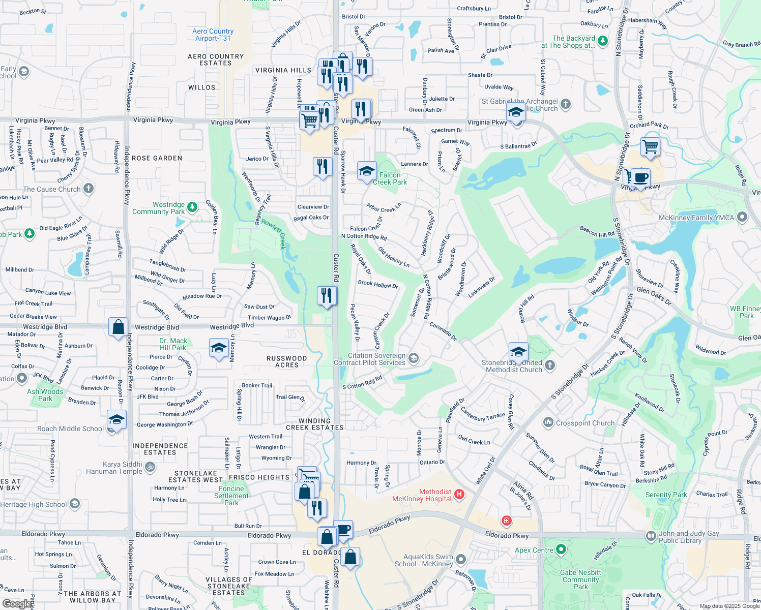 map of restaurants, bars, coffee shops, grocery stores, and more near 8612 Tanglewood Drive in McKinney