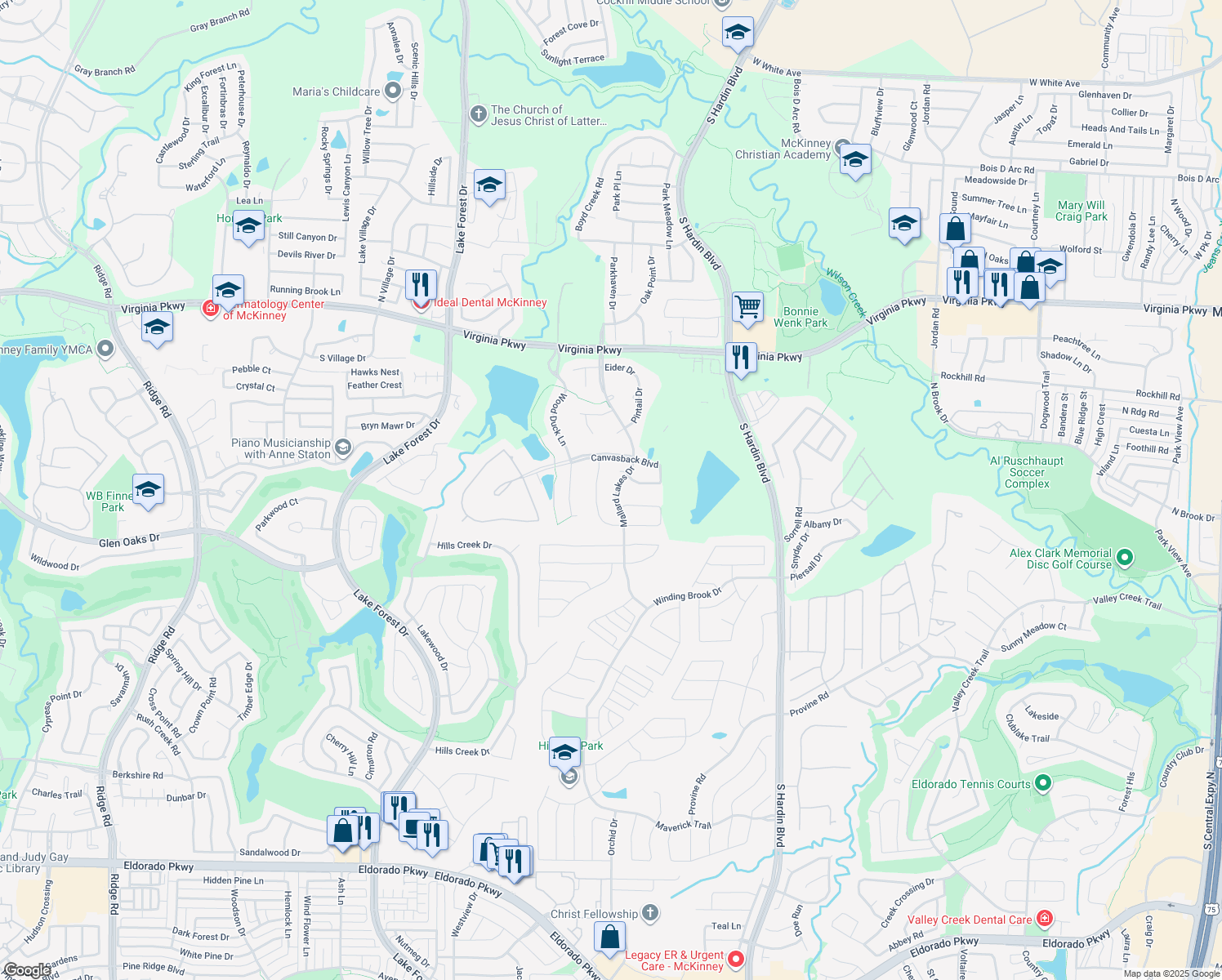 map of restaurants, bars, coffee shops, grocery stores, and more near 604 Mallard Lakes Dr in McKinney