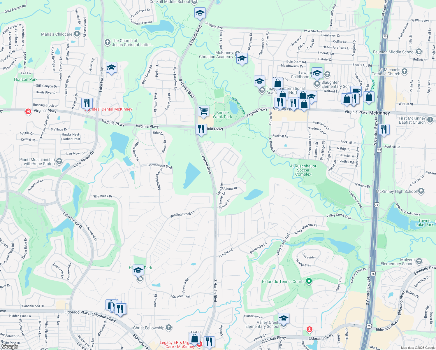 map of restaurants, bars, coffee shops, grocery stores, and more near 620 Denton Creek Drive in McKinney
