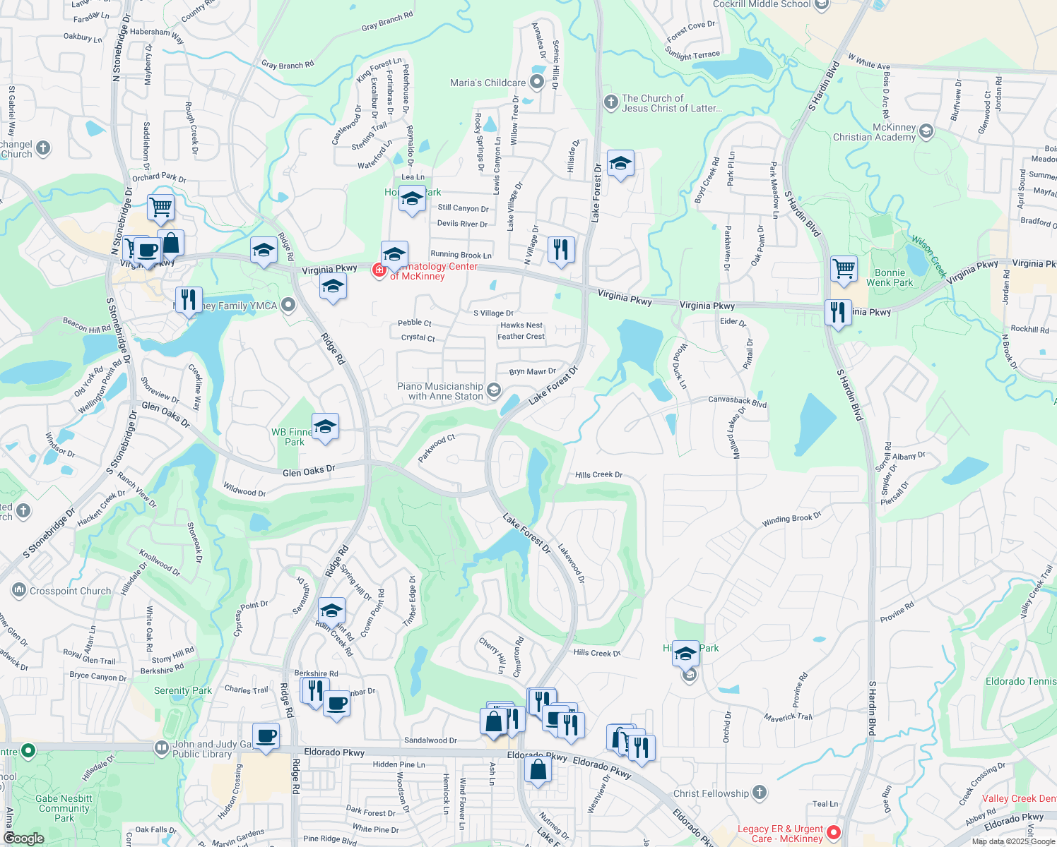 map of restaurants, bars, coffee shops, grocery stores, and more near 4913 Fairway Hill Ln in McKinney
