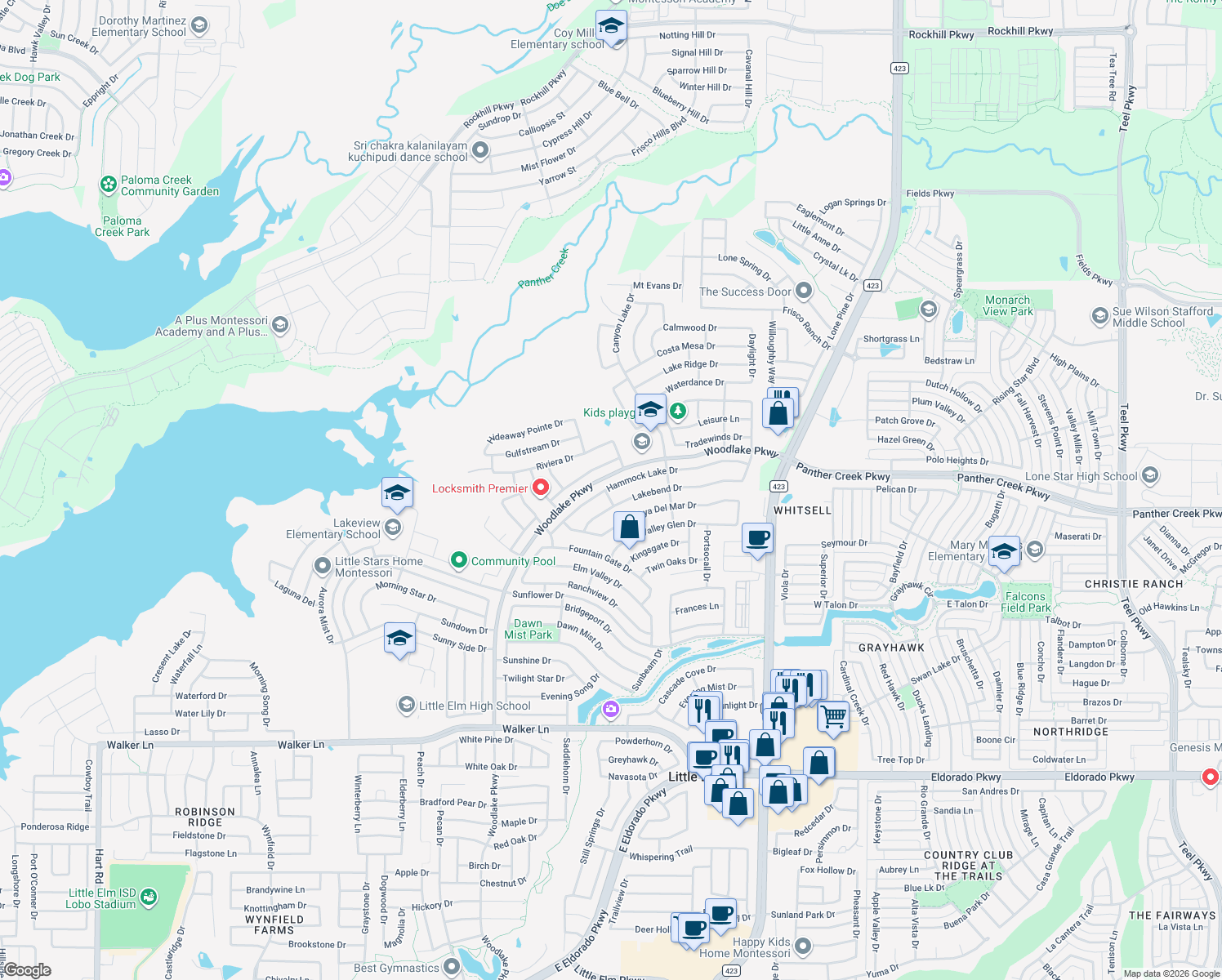 map of restaurants, bars, coffee shops, grocery stores, and more near 2448 Hammock Lake Drive in Little Elm