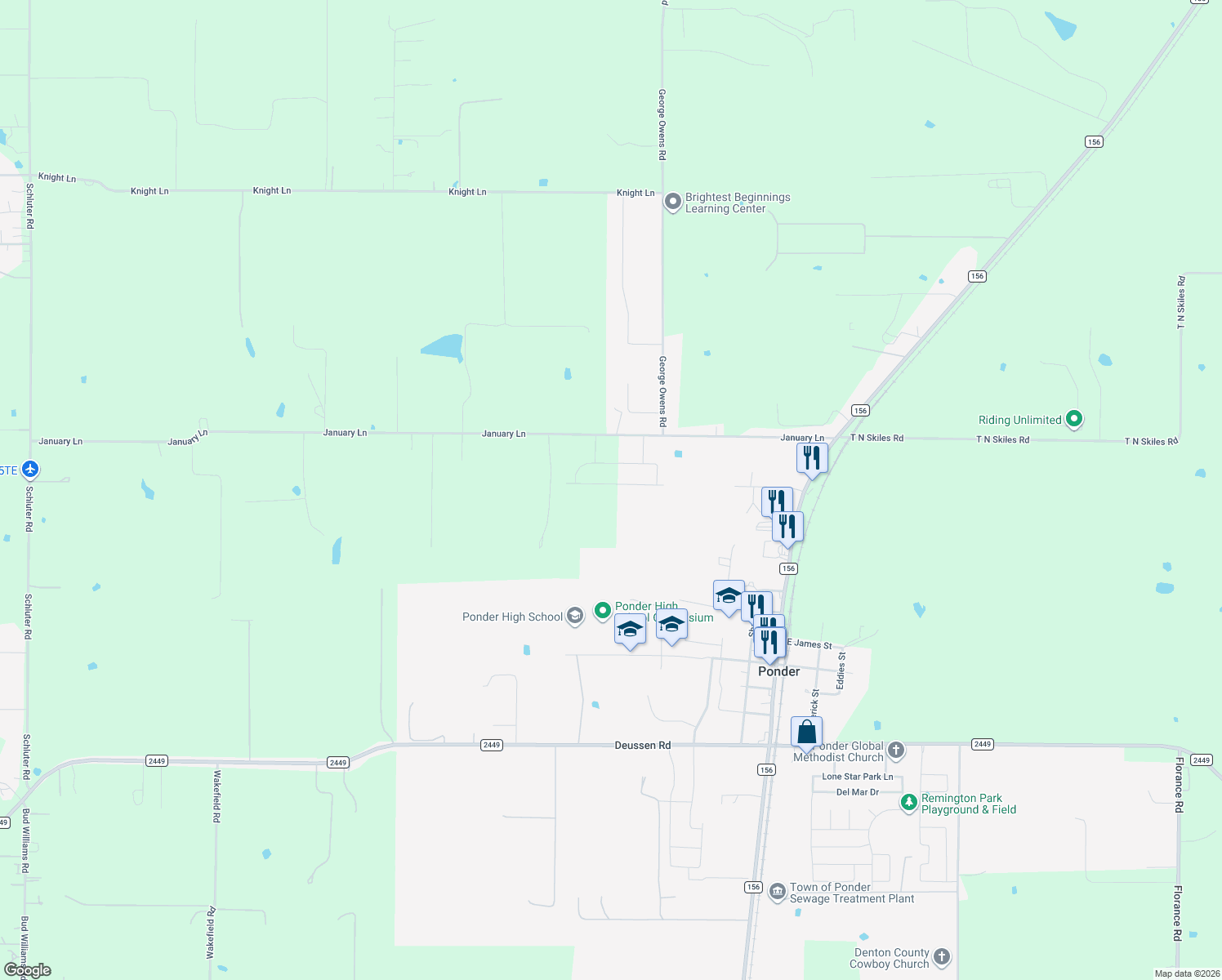 map of restaurants, bars, coffee shops, grocery stores, and more near 217 King George Rd in Ponder