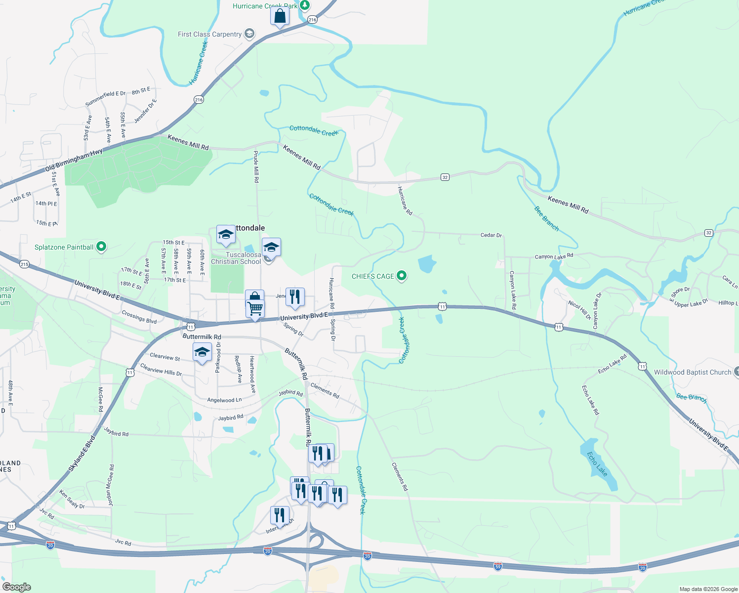 map of restaurants, bars, coffee shops, grocery stores, and more near 7000 University Blvd E in Tuscaloosa