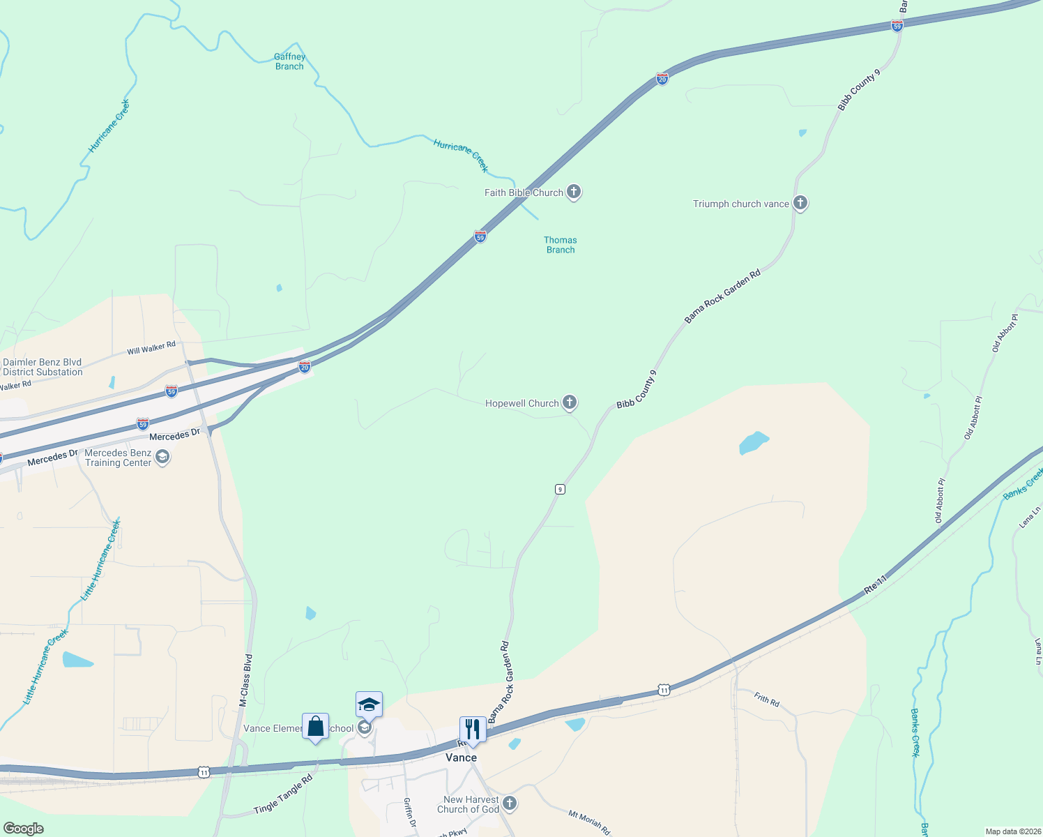 map of restaurants, bars, coffee shops, grocery stores, and more near 18520 Hopewell Road in Vance