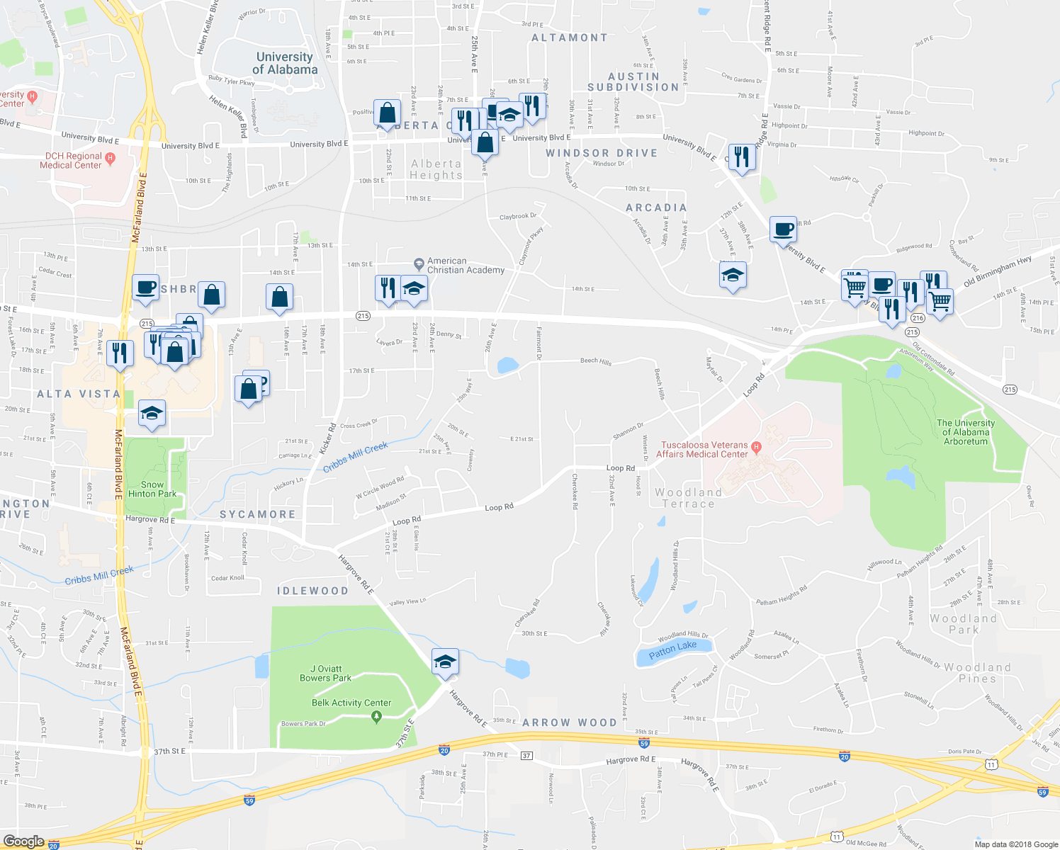 map of restaurants, bars, coffee shops, grocery stores, and more near 1924 Fairmont Dr in Tuscaloosa