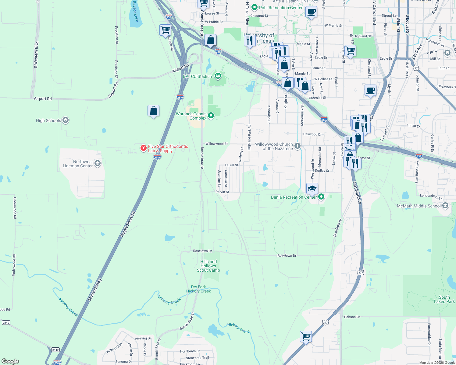 map of restaurants, bars, coffee shops, grocery stores, and more near 2101 Camellia Street in Denton