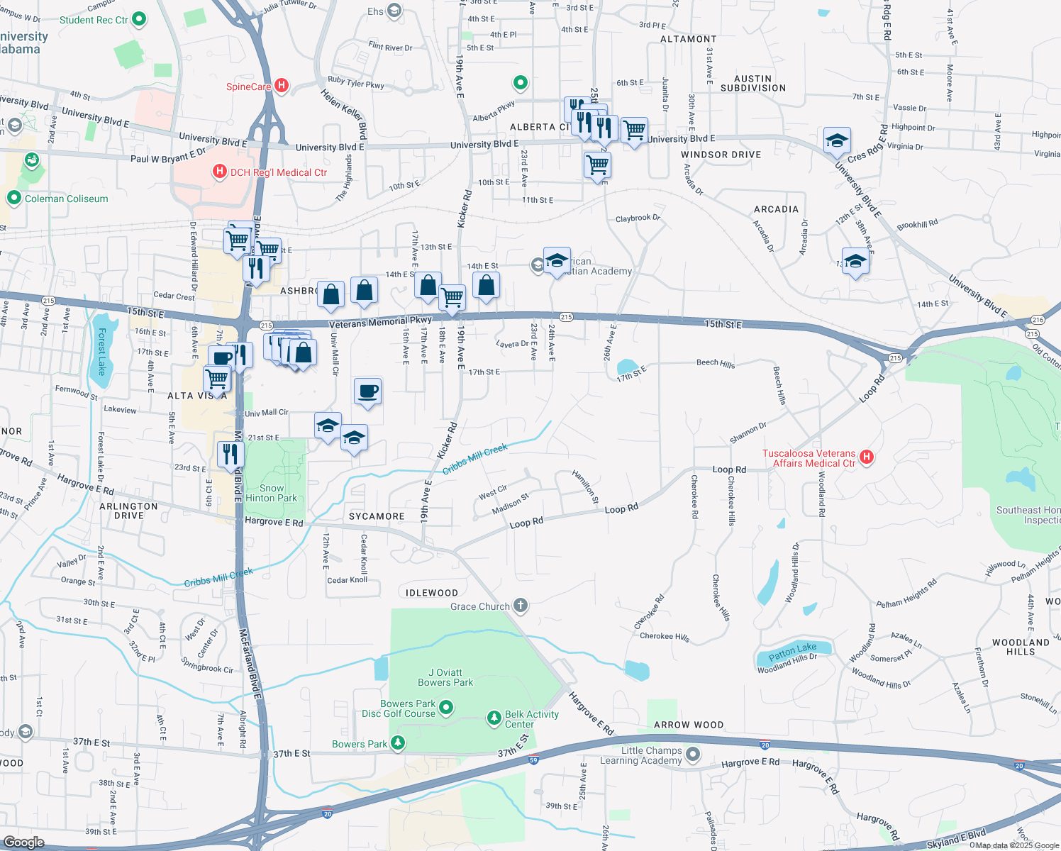 map of restaurants, bars, coffee shops, grocery stores, and more near 2310 Cross Creek Dr in Tuscaloosa