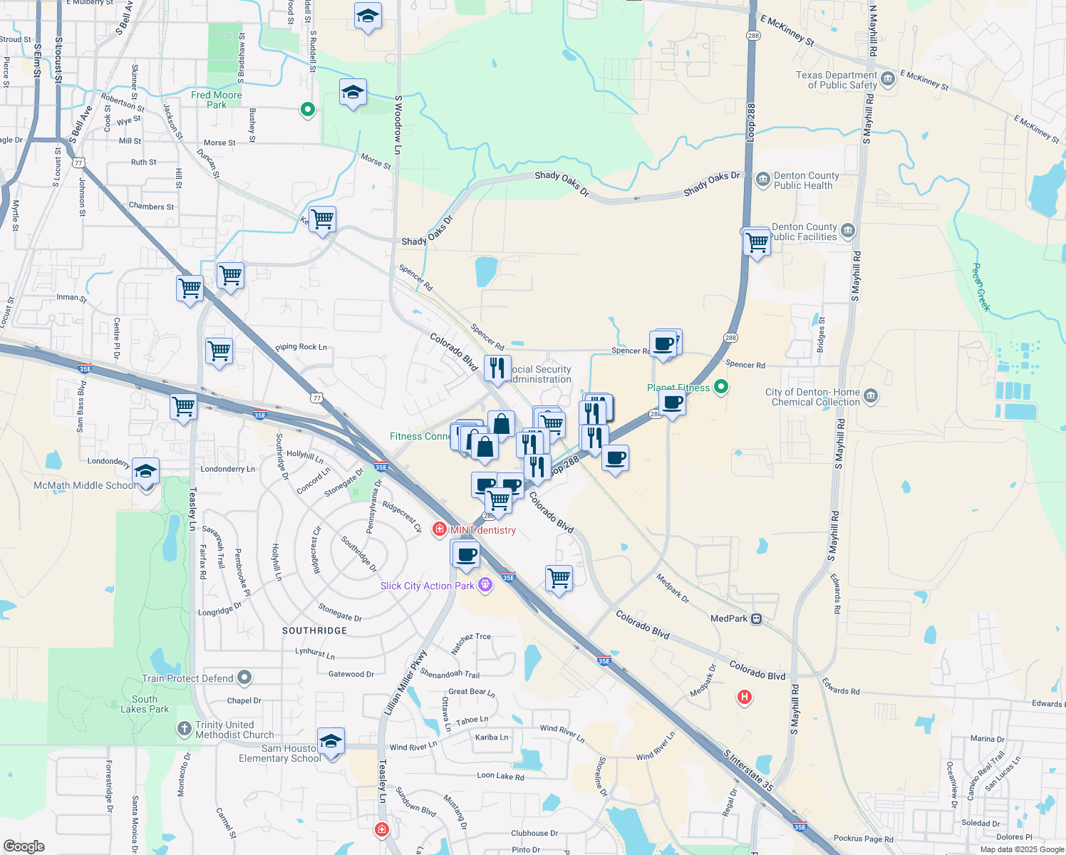 map of restaurants, bars, coffee shops, grocery stores, and more near 2311 Colorado Blvd in Denton