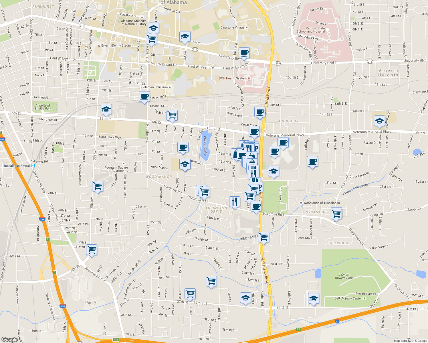 map of restaurants, bars, coffee shops, grocery stores, and more near 20 Lakeview in Tuscaloosa