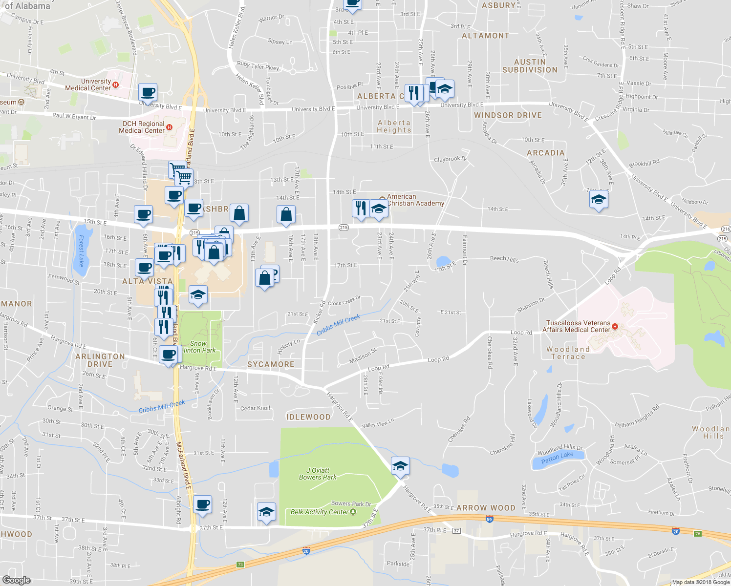 map of restaurants, bars, coffee shops, grocery stores, and more near 2210 Cross Creek Drive in Tuscaloosa
