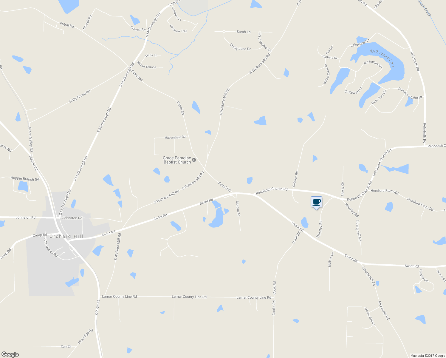 map of restaurants, bars, coffee shops, grocery stores, and more near 2143 Futral Road in Griffin