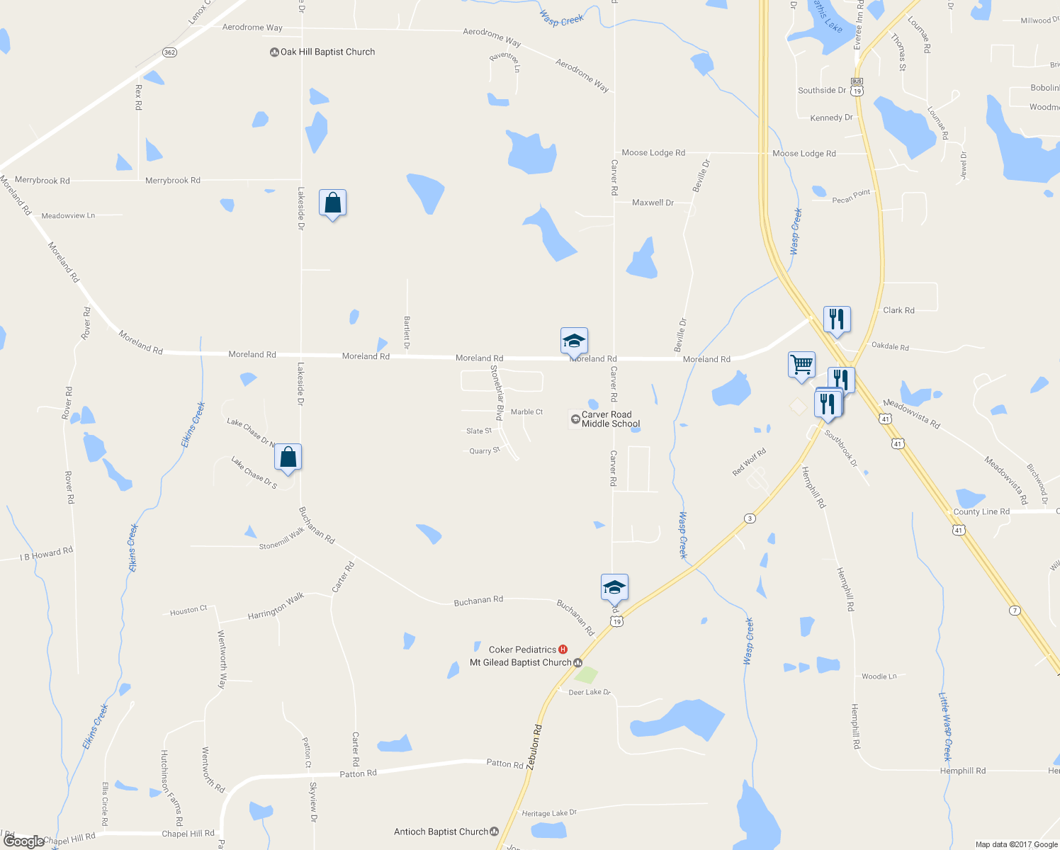 map of restaurants, bars, coffee shops, grocery stores, and more near 105 Ruby Way in Griffin