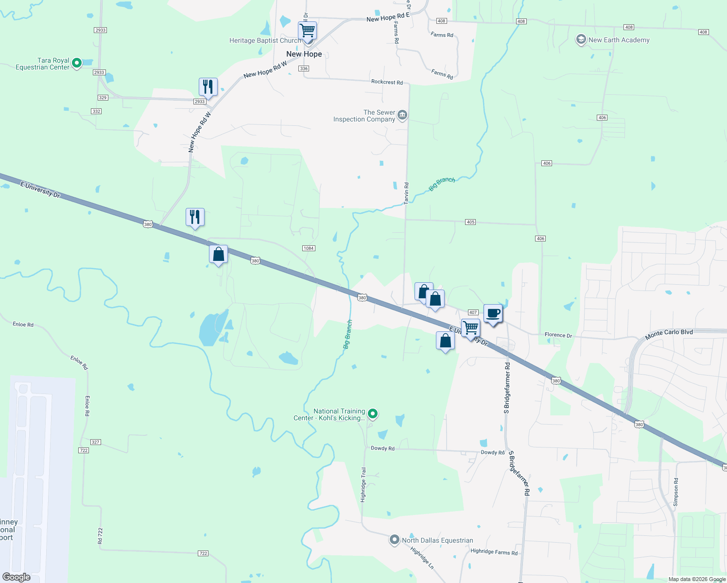 map of restaurants, bars, coffee shops, grocery stores, and more near 3321 East University Drive in McKinney