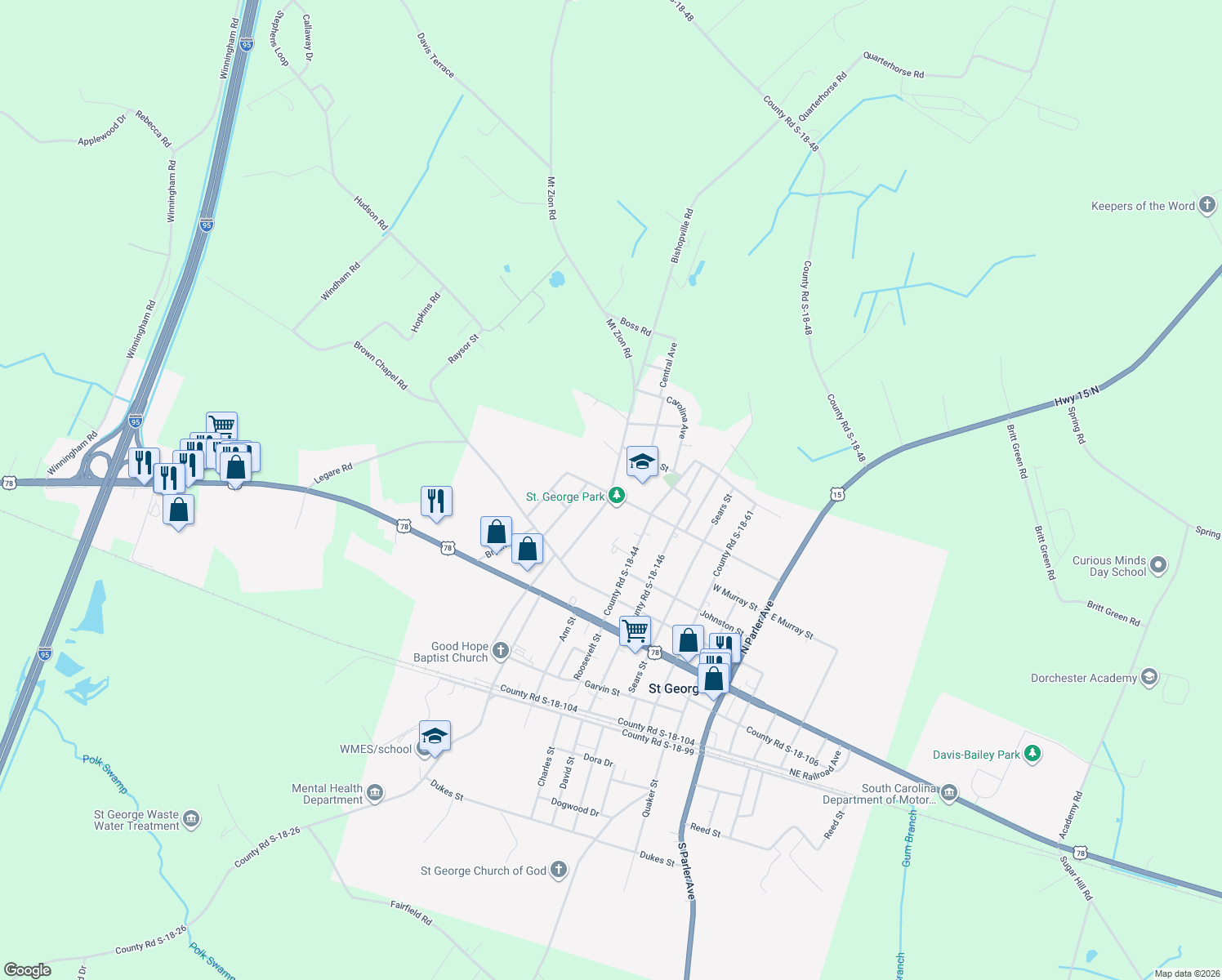 map of restaurants, bars, coffee shops, grocery stores, and more near 200 County Road S-18-86 in Saint George