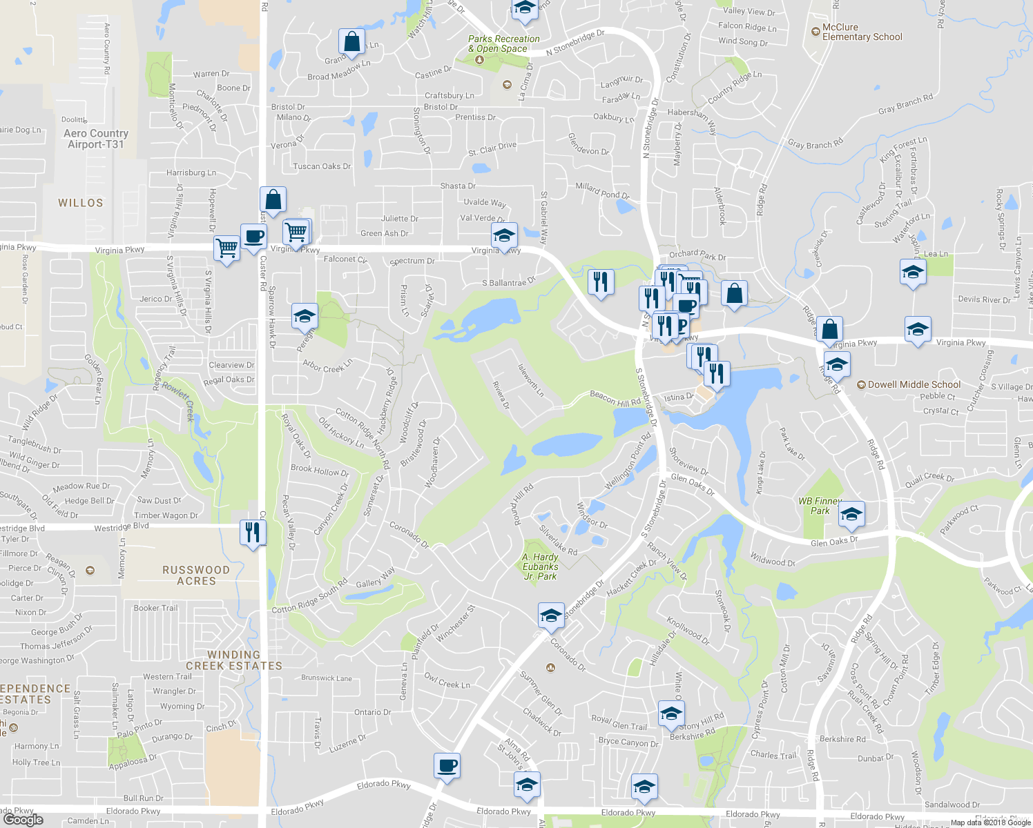 map of restaurants, bars, coffee shops, grocery stores, and more near 601 Riviera Drive in McKinney