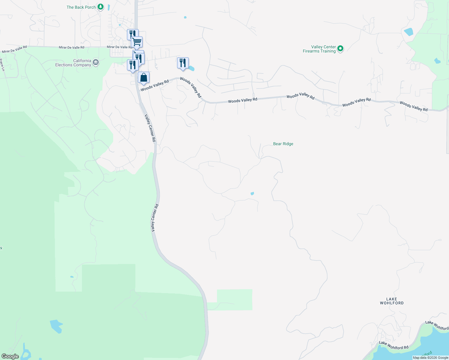 map of restaurants, bars, coffee shops, grocery stores, and more near 14304 Ridge Ranch Road in Valley Center