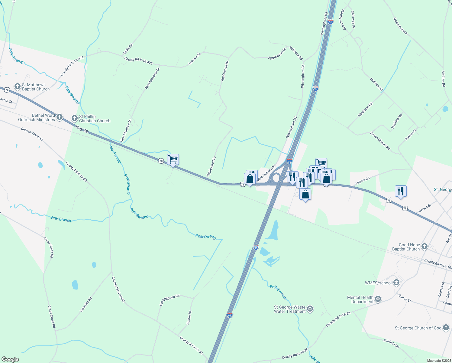 map of restaurants, bars, coffee shops, grocery stores, and more near 6204 Badham Drive in Reevesville