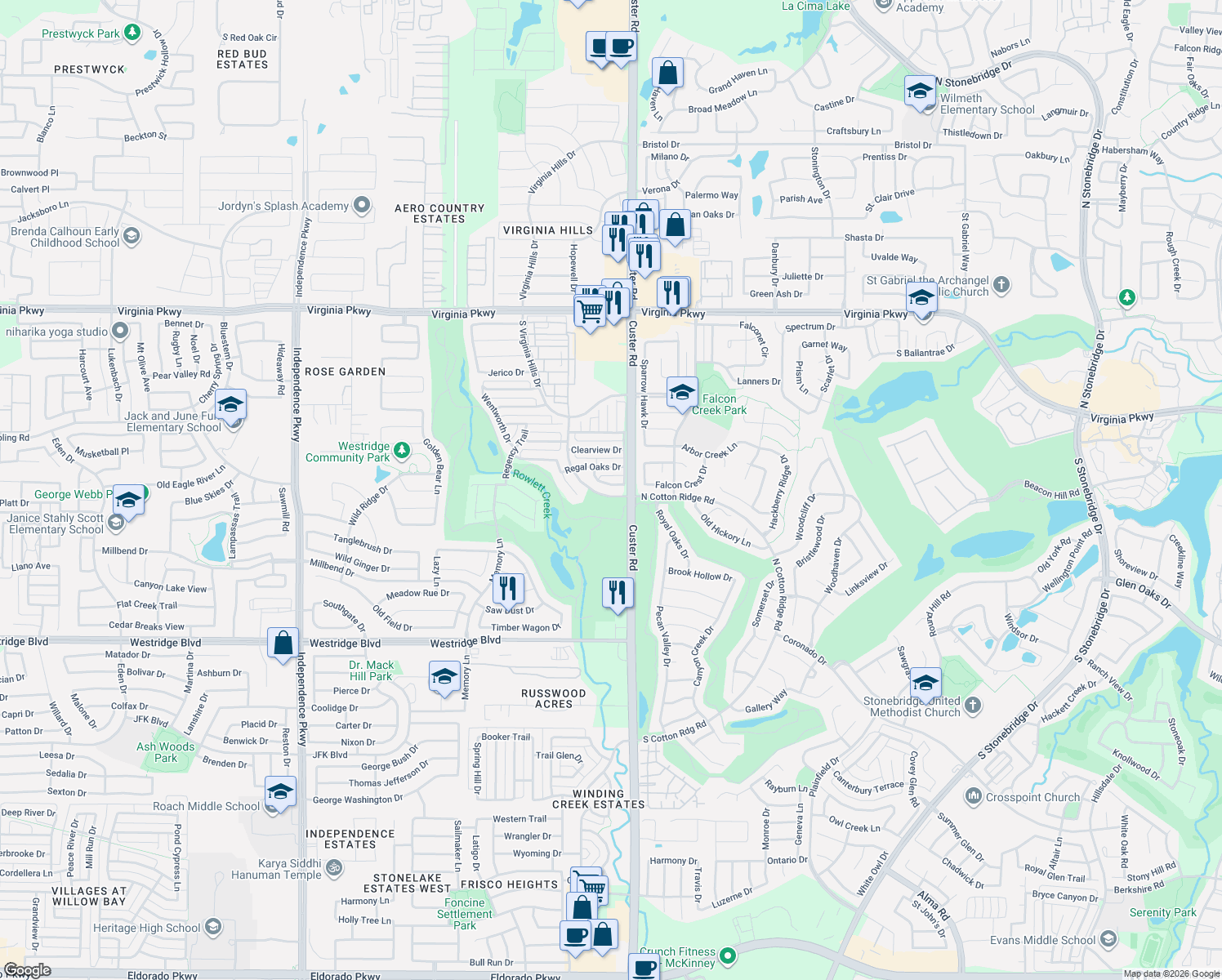map of restaurants, bars, coffee shops, grocery stores, and more near 9055 N Cotton Ridge Rd in McKinney