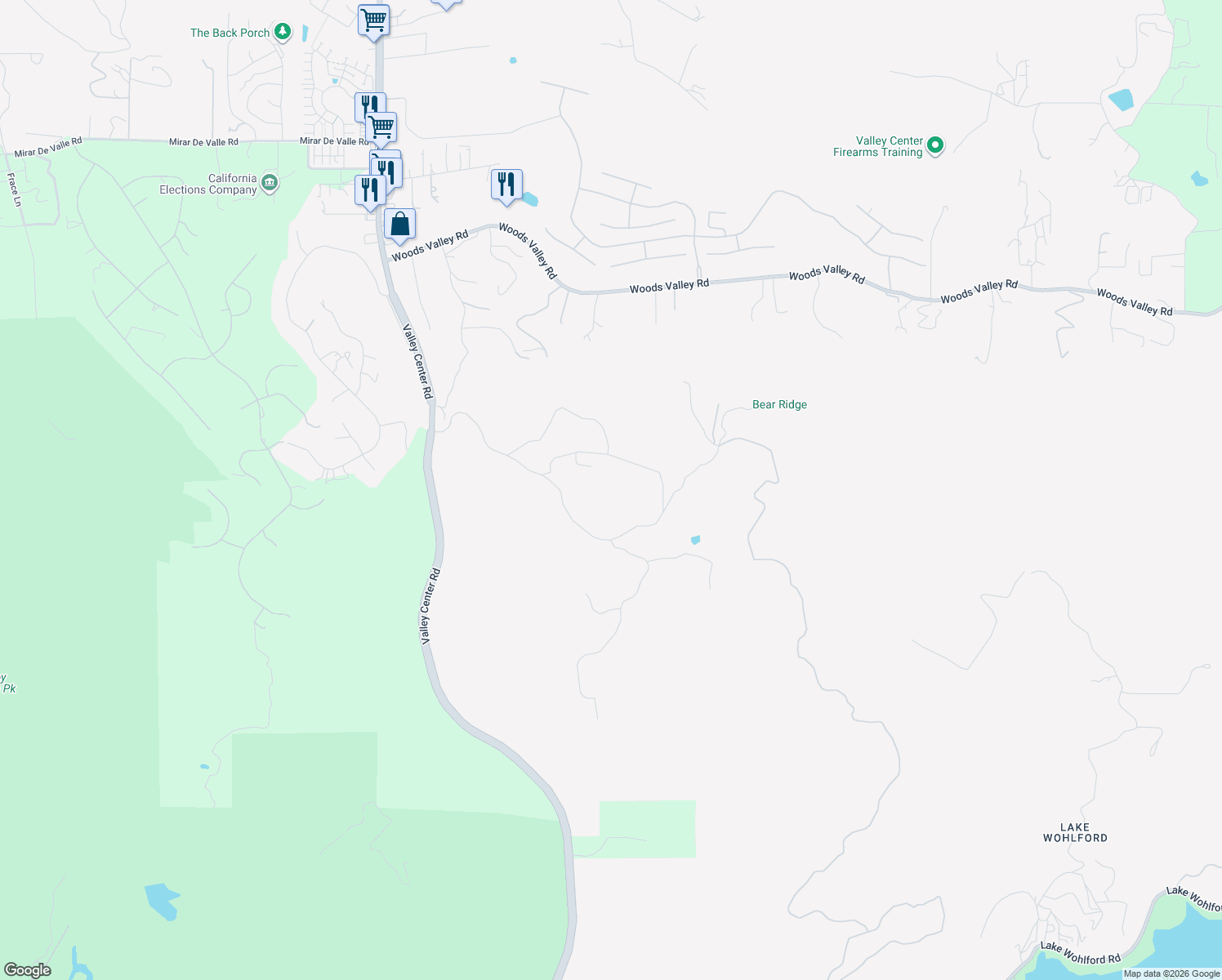map of restaurants, bars, coffee shops, grocery stores, and more near 14304 Ridge Ranch Road in Valley Center