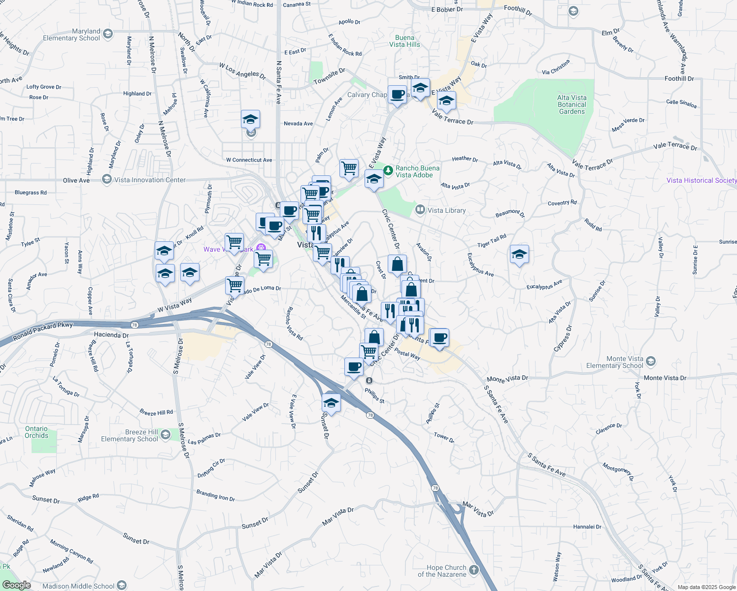 map of restaurants, bars, coffee shops, grocery stores, and more near 229 Terrace Drive in Vista