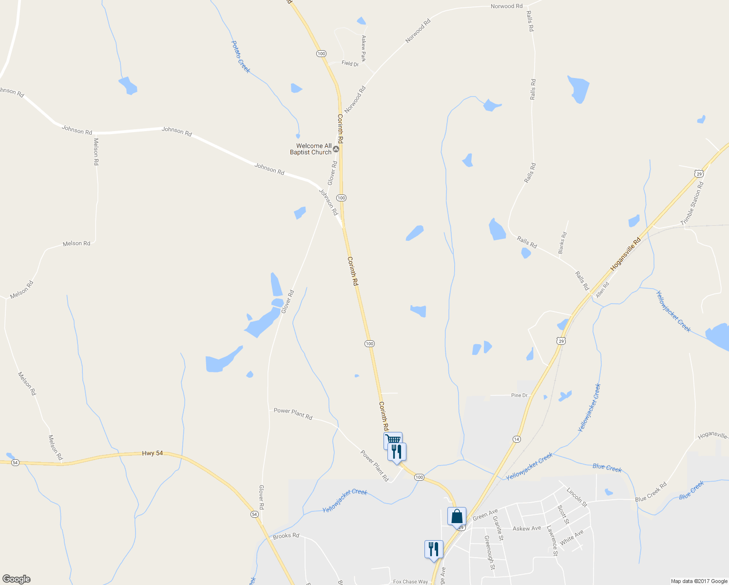 map of restaurants, bars, coffee shops, grocery stores, and more near 736 Corinth Road in Hogansville