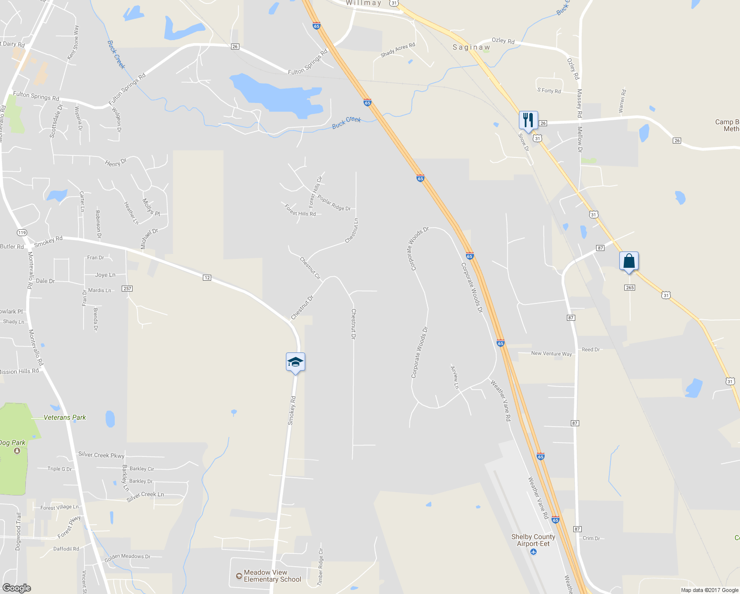 map of restaurants, bars, coffee shops, grocery stores, and more near 102 Silverleaf Lane in Alabaster
