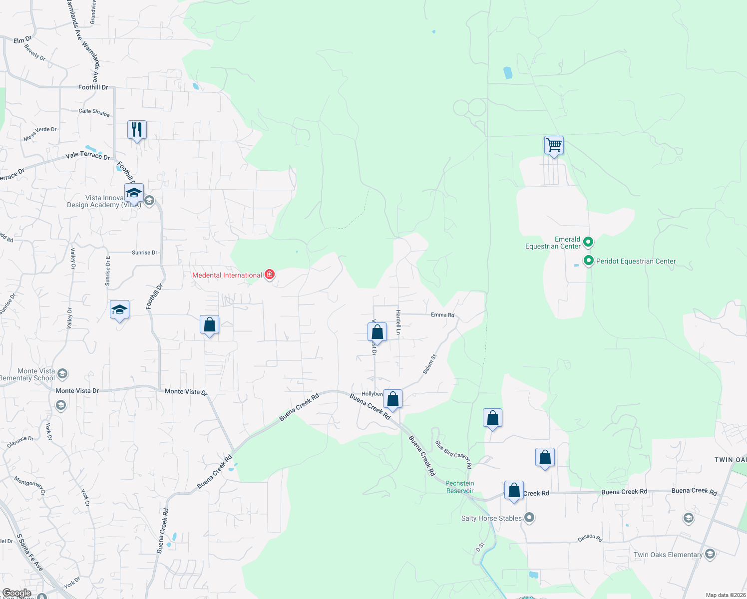 map of restaurants, bars, coffee shops, grocery stores, and more near 745 Valley Crest Dr in Vista