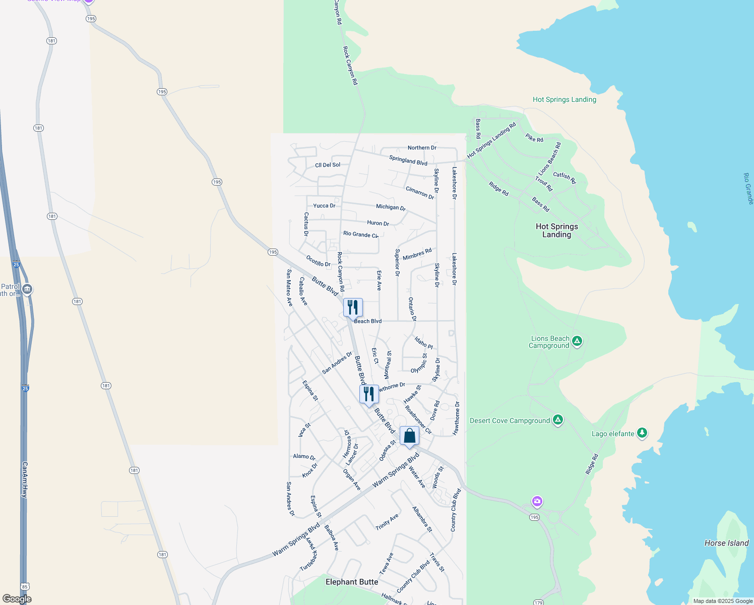 map of restaurants, bars, coffee shops, grocery stores, and more near Erie Avenue in Elephant Butte