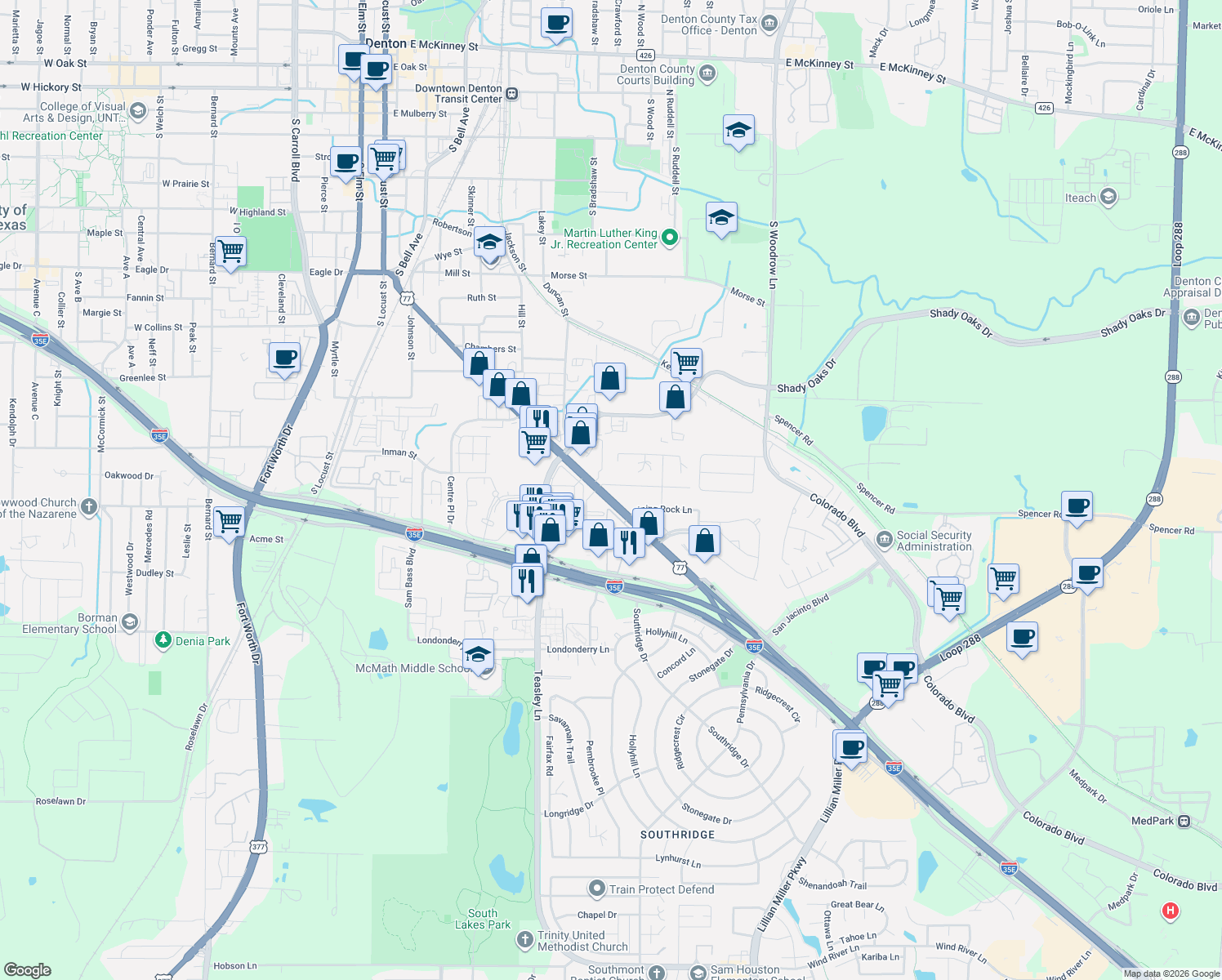 map of restaurants, bars, coffee shops, grocery stores, and more near 1000 Hopkins Drive in Denton
