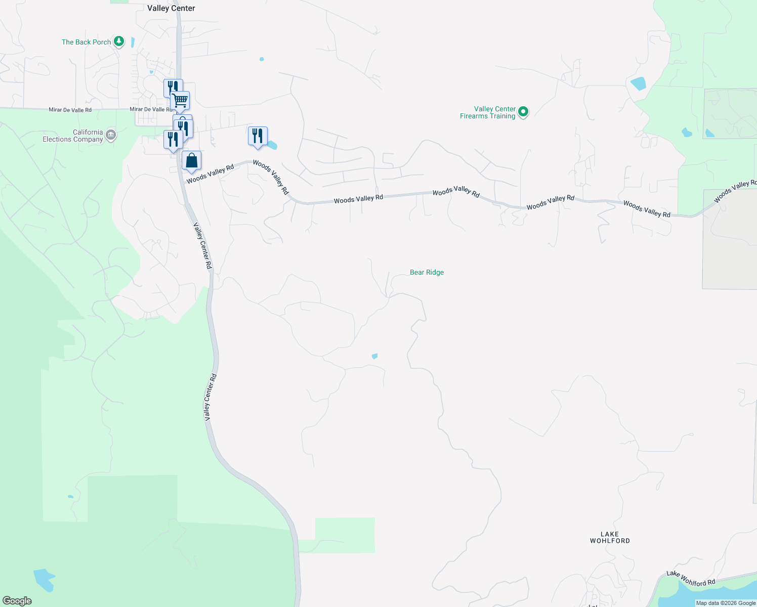 map of restaurants, bars, coffee shops, grocery stores, and more near 14440 Ridge Ranch Road in Valley Center