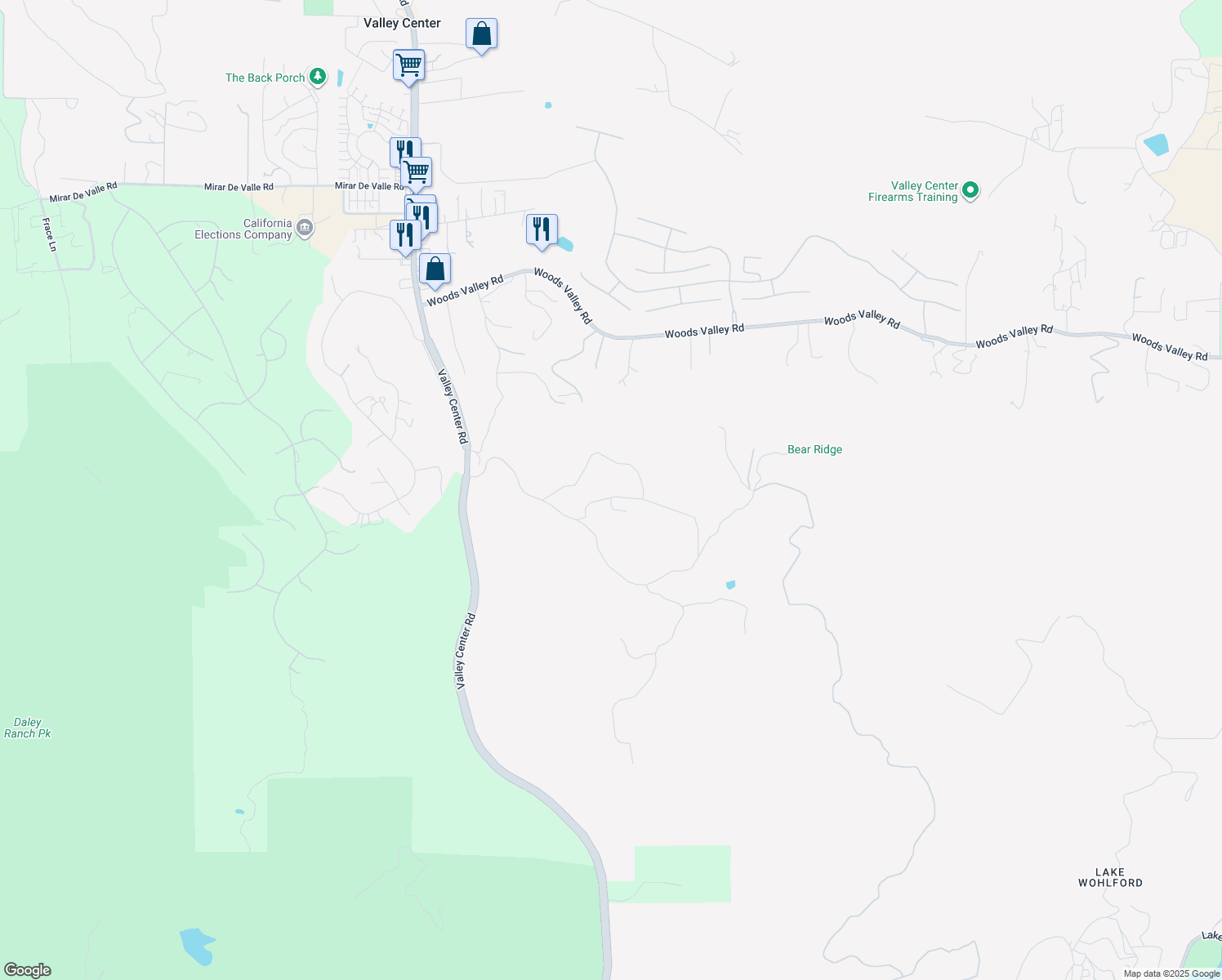 map of restaurants, bars, coffee shops, grocery stores, and more near 14193 Ridge Canyon Road in Valley Center