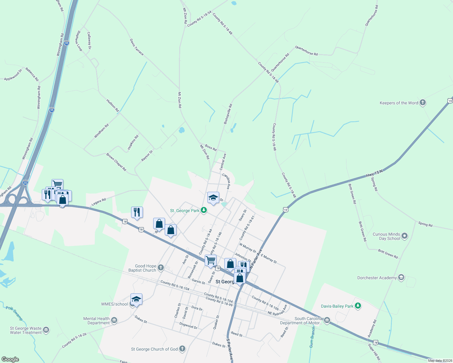 map of restaurants, bars, coffee shops, grocery stores, and more near 201 Carolina Avenue in Saint George