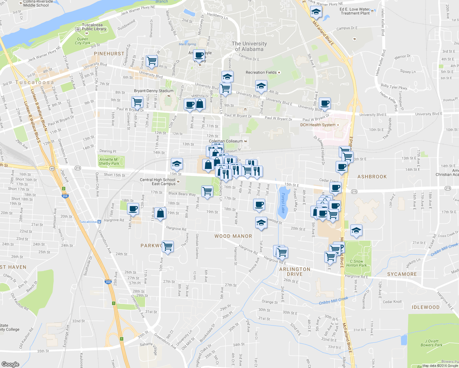 map of restaurants, bars, coffee shops, grocery stores, and more near 1510-1512 5th Avenue in Tuscaloosa