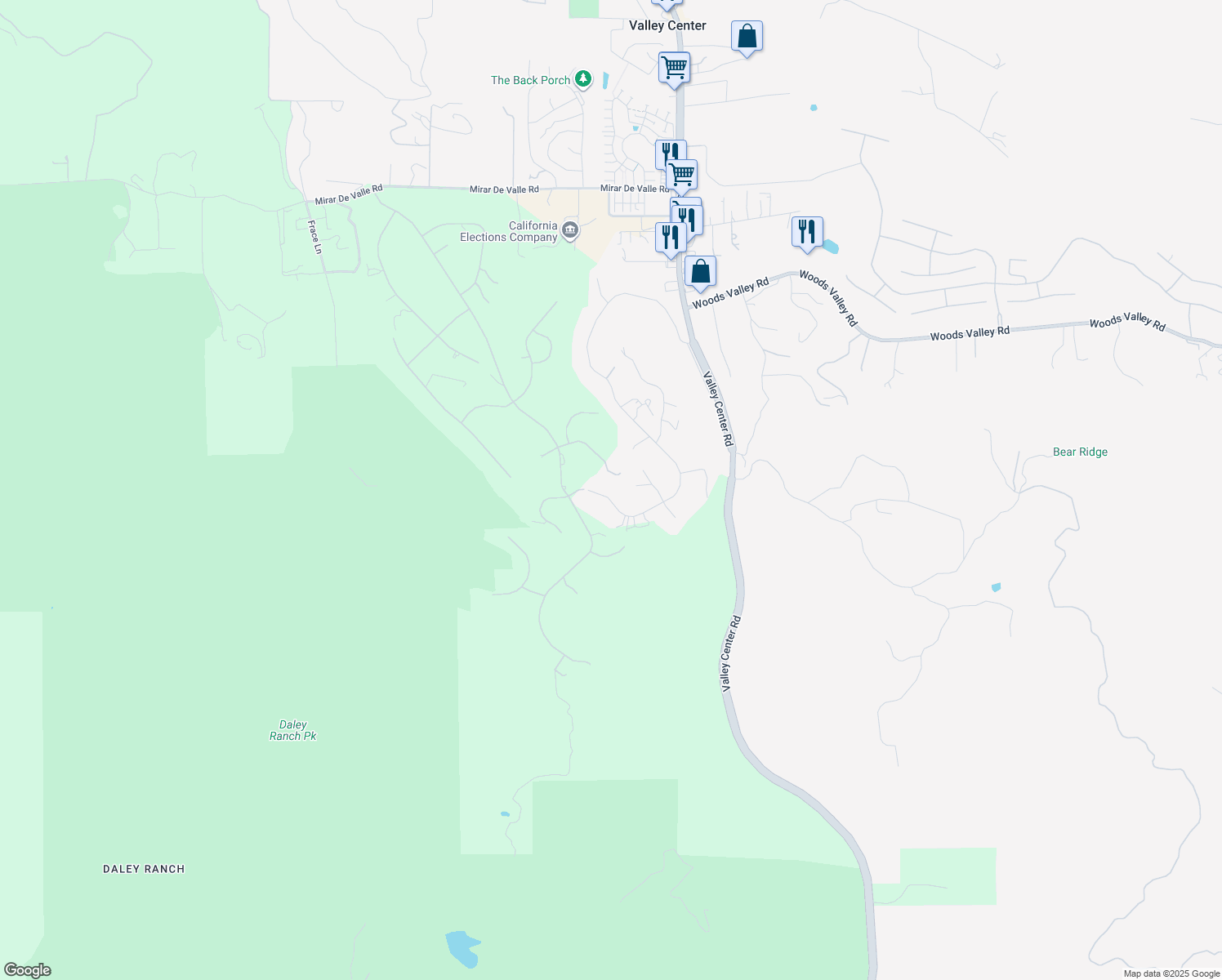 map of restaurants, bars, coffee shops, grocery stores, and more near 26704 Banbury Drive in Valley Center