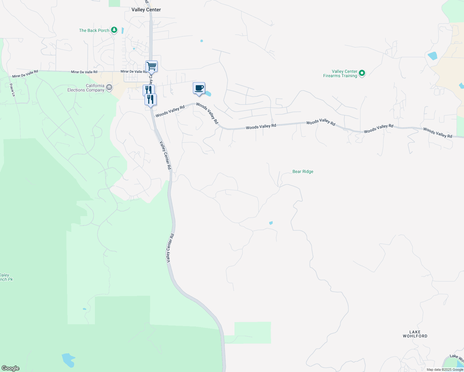 map of restaurants, bars, coffee shops, grocery stores, and more near 14193 Ridge Canyon Road in Valley Center