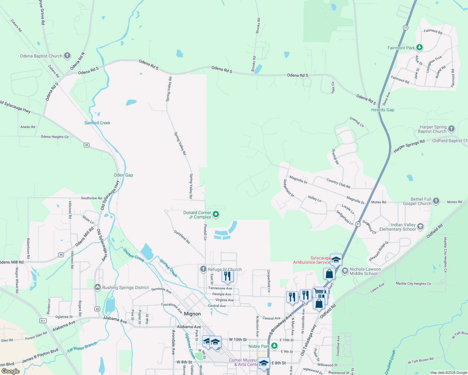 map of restaurants, bars, coffee shops, grocery stores, and more near 1500 West Magnolia Drive in Sylacauga
